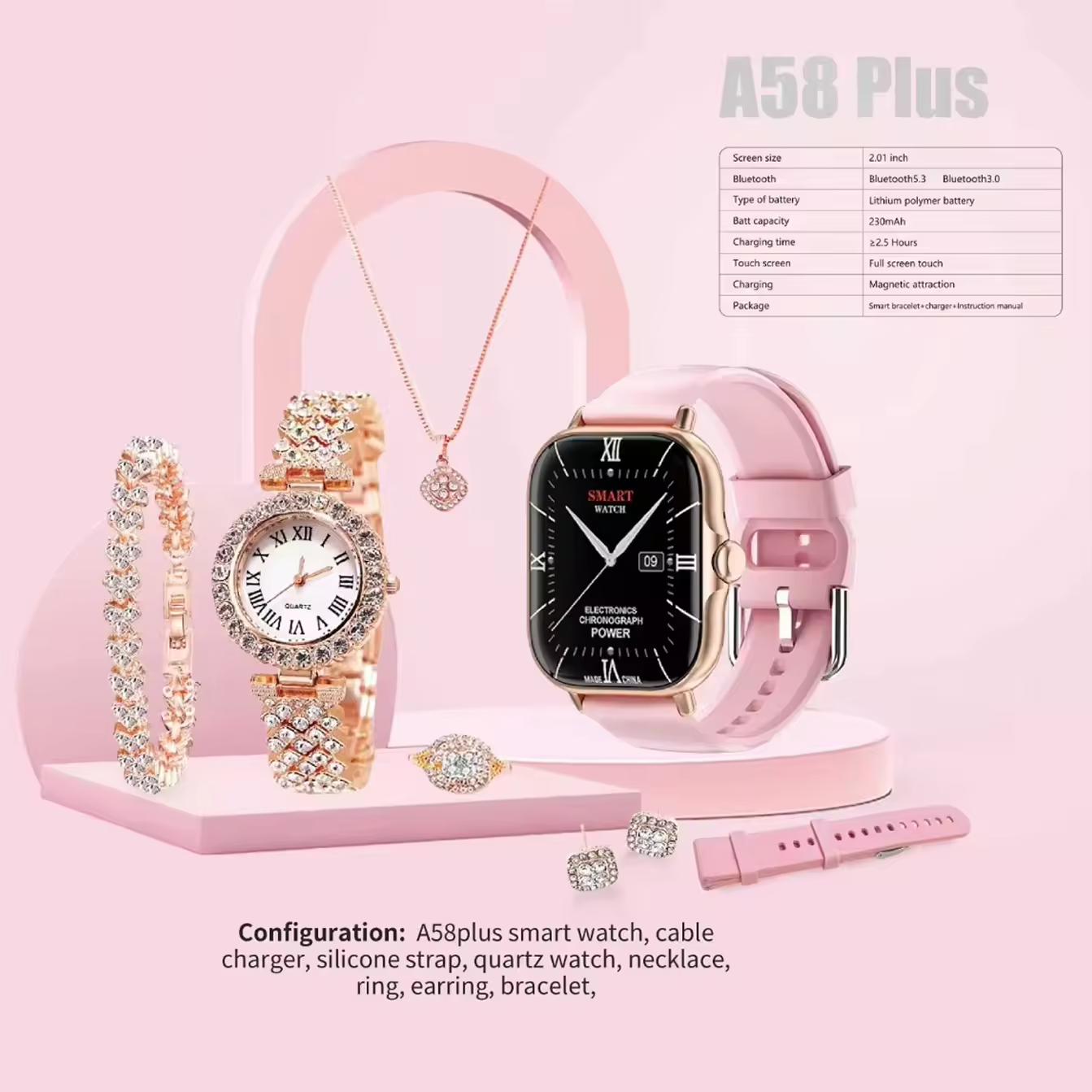 Female smartwatch A58 Plus Suits Delicate Luxury Gold Bracelet with Diamond Sport Smart watch 6 in 1 Set Gift Box